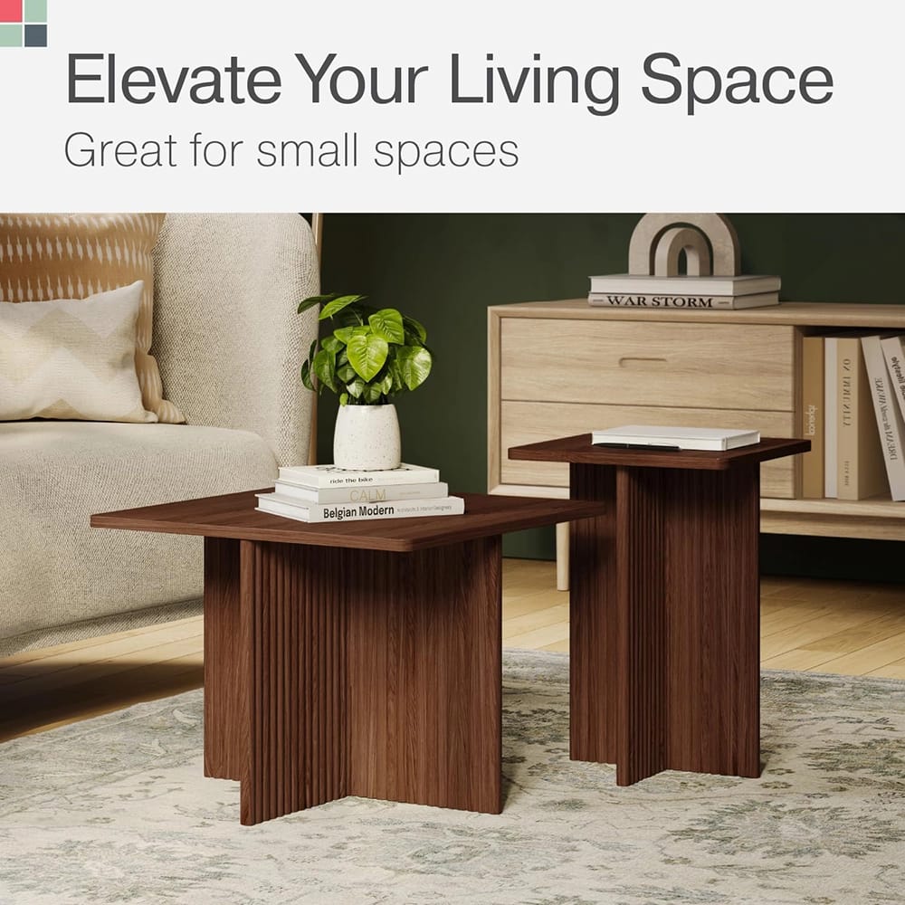 2-Piece Stead Square Fluted Nesting Coffee Table Set, Walnut