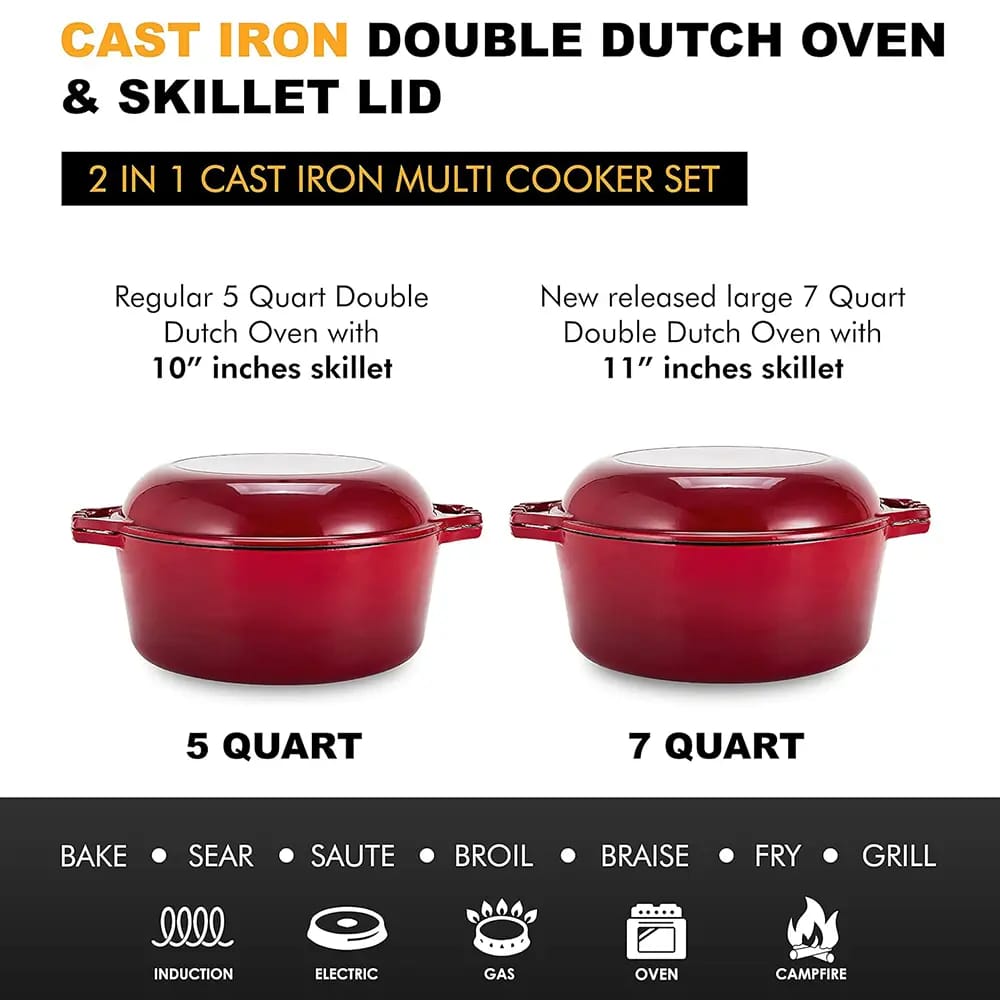 Bruntmor 7-Quart Enameled Cast Iron Dutch Oven, Red