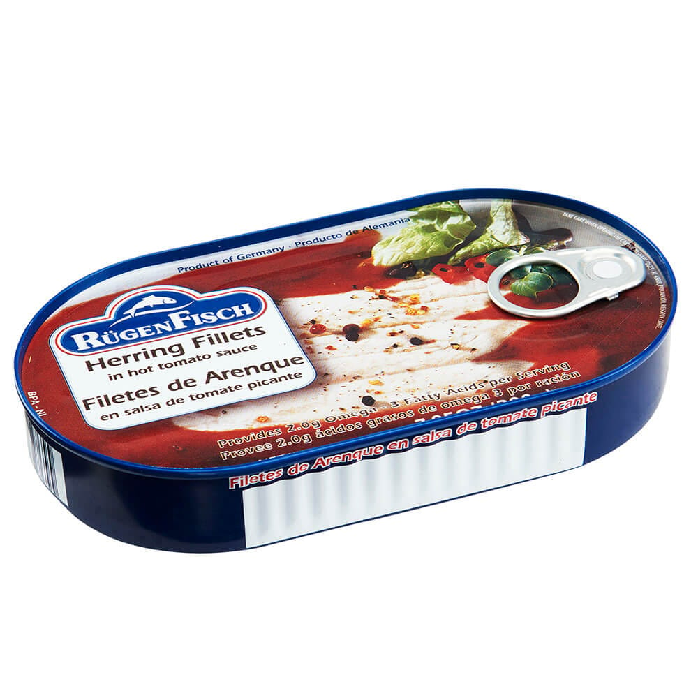 Rugen Fisch Herring Fillets in Hot Tomato Sauce, 7.5 oz