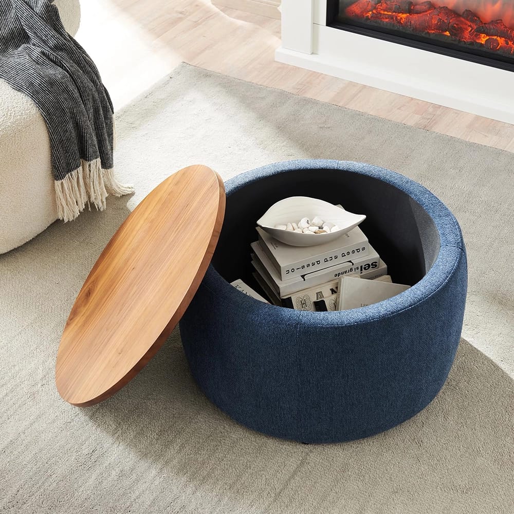 Round Storage Ottoman, Blue
