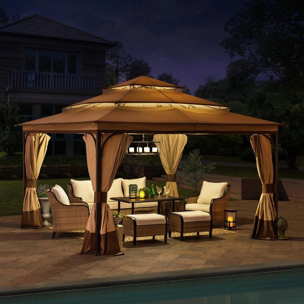 13' x 13' Soft Top Gazebo with Netting and Curtains, Brown