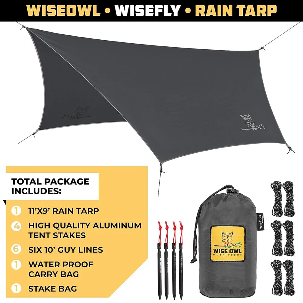 Wise Owl Outfitters Standard Hammock Tarp with Tent Stakes, Gray