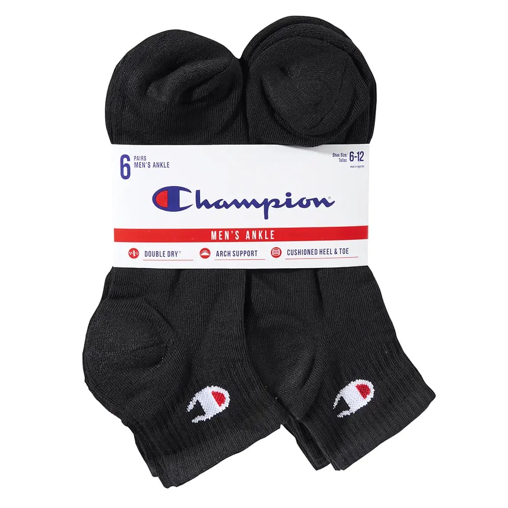 Champion Men's Ankle Socks, Black, 6 Pairs, Shoe Size 6-12