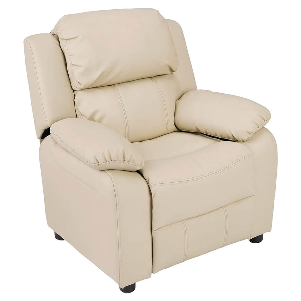 Faux Leather Youth Recliner with Armrest Storage, Beige