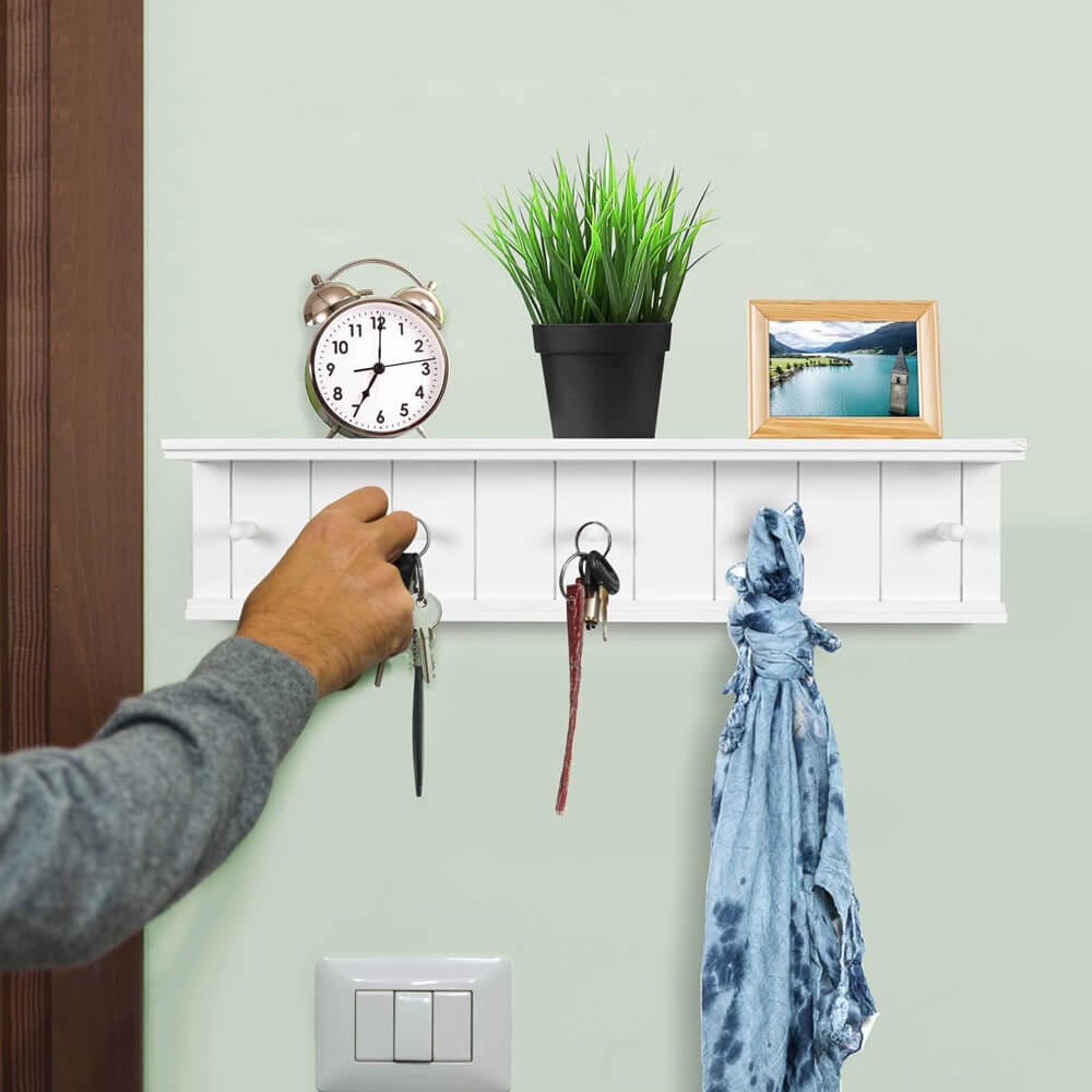 Greenco Entryway Wall-Mounted Floating Shelf with Wooden Peg Style Hooks  Plus Hat & Coat Hanging Storage Shelf, White