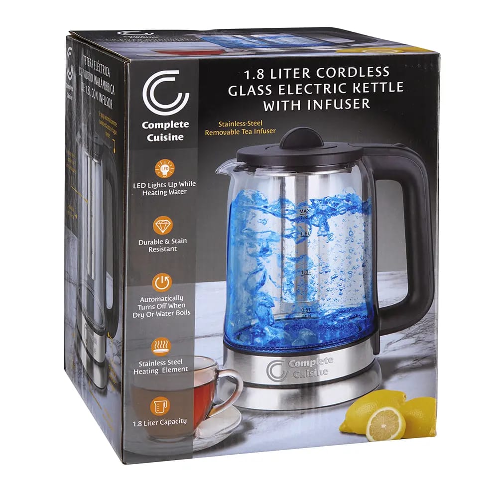 Complete Cuisine 1.8L Cordless Glass Electric Kettle with Infuser