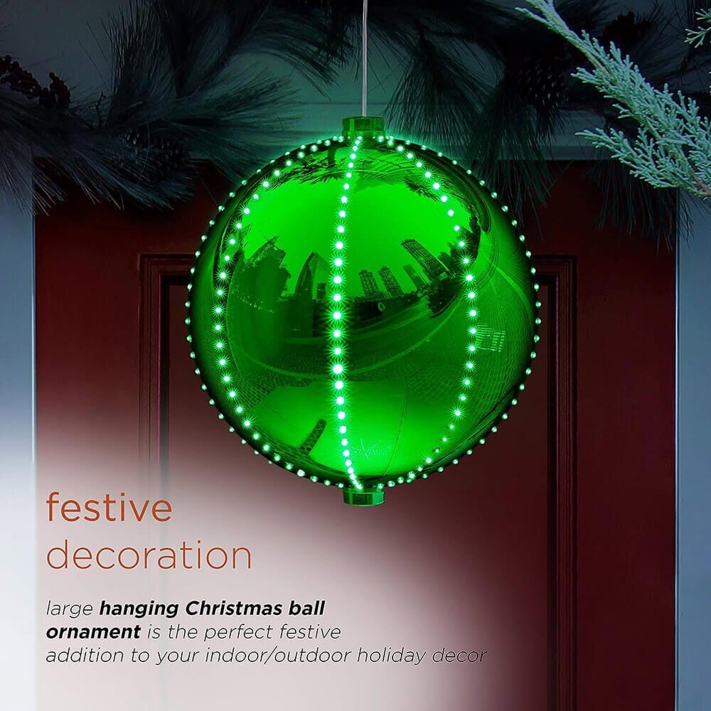 Alpine 13" Large Hanging Christmas Ball Ornament with 240 Warm White Chasing LED Lights & 6 Light Effects, Green