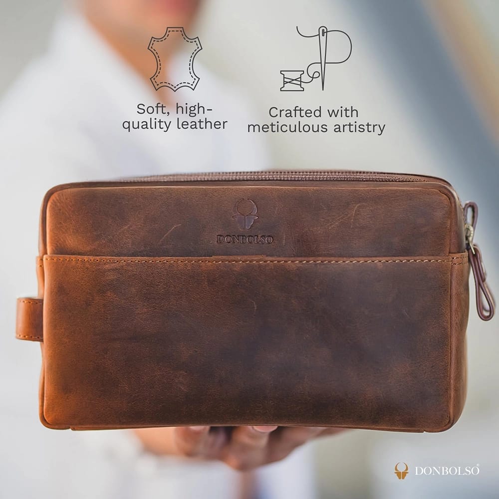 DONBOLSO Leather Toiletry Bag, Brown