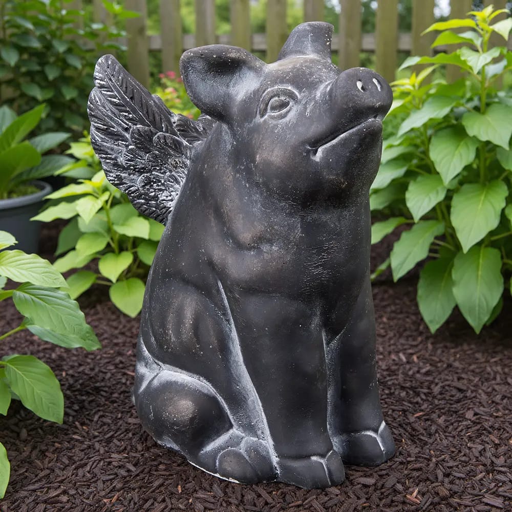 Winged Piglet Cement Statue, Black