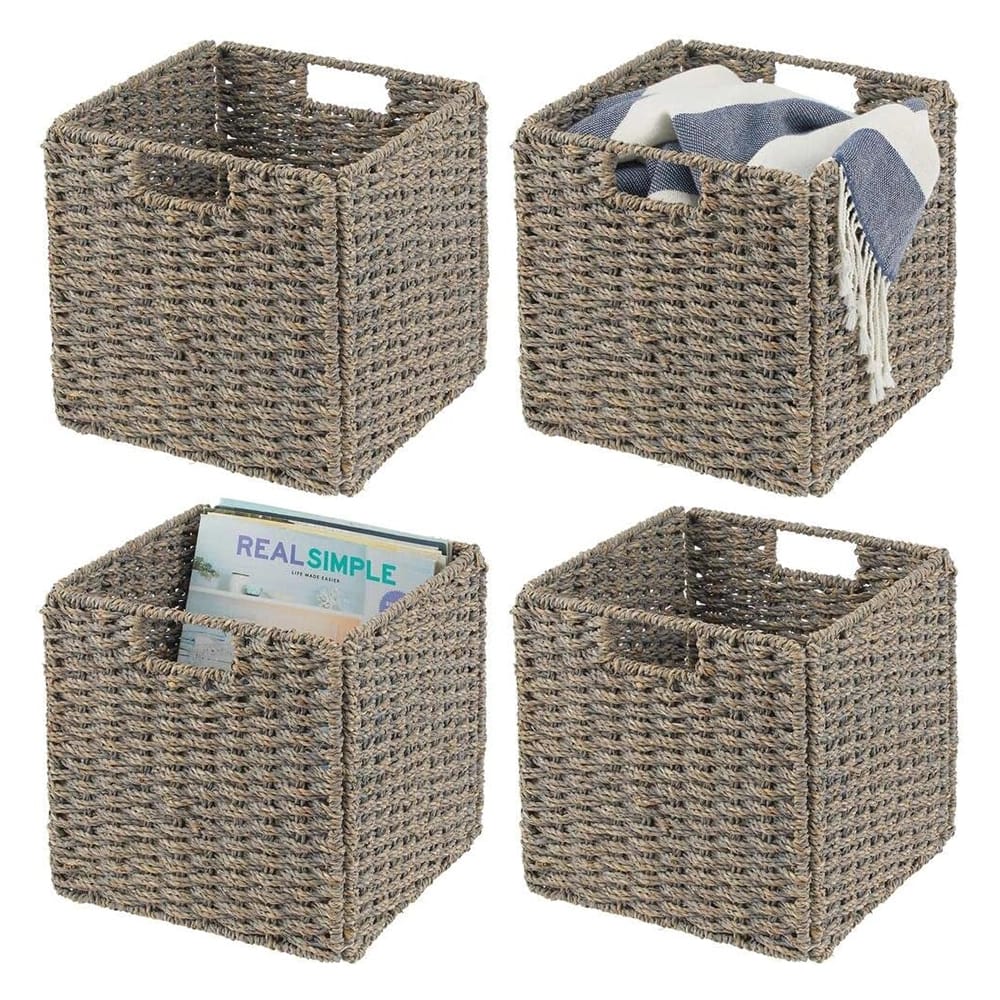 mDesign Seagrass Woven Cube Basket, Gray, 4 Pack