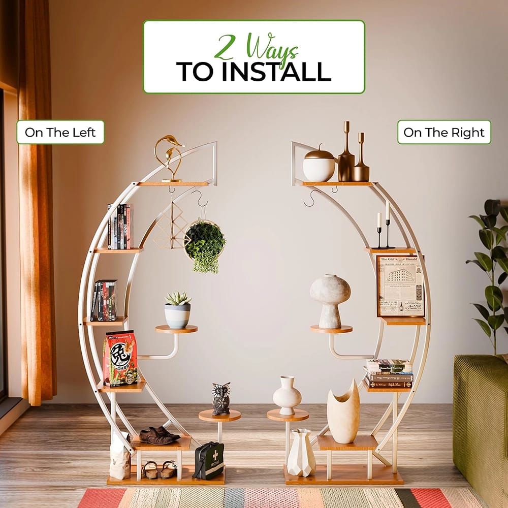 Idzo 6-Tier 9-Potted Steel Wood Plant Stand With Hanger, White