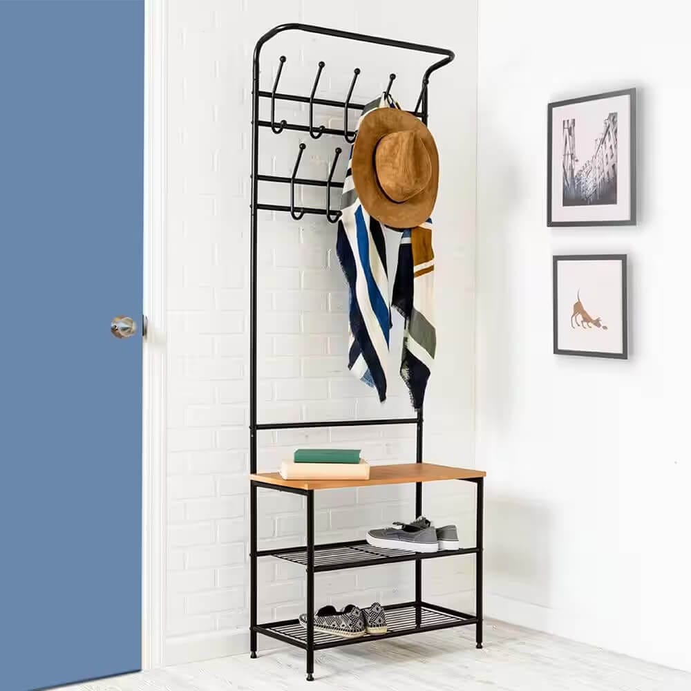 Honey-Can-Do Entryway Coat & Shoe Rack with Hooks, Natural/Black