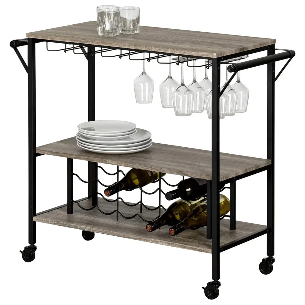 South Shore Munich Bar Cart with Wine Rack, Weathered Oak/Black