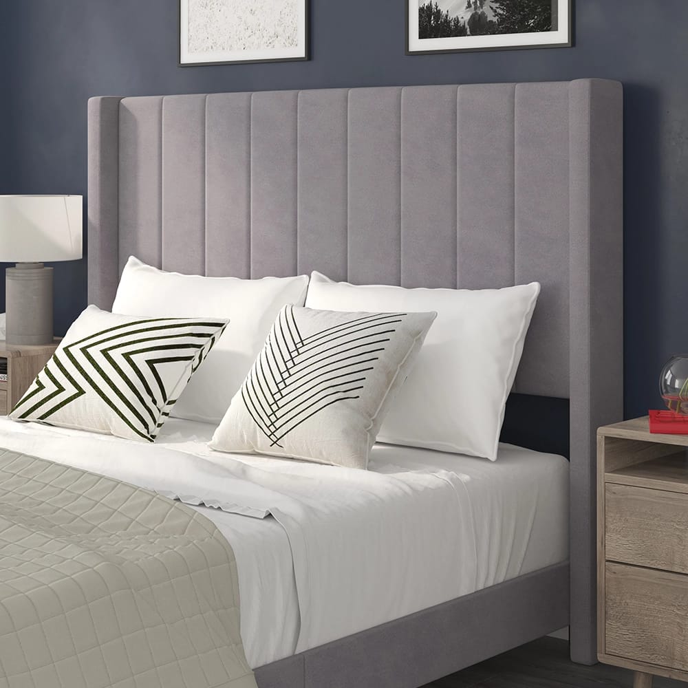 Bianca Upholstered Platform Bed with Vertical Stitched Wingback Headboard, Queen, Gray