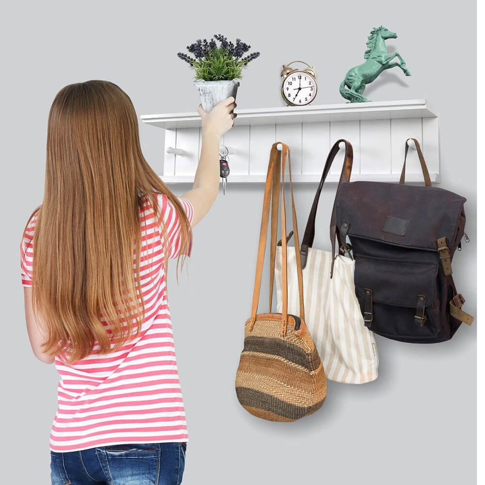 Greenco Entryway Wall-Mounted Floating Shelf with Wooden Peg Style Hooks Plus Hat & Coat Hanging Storage Shelf, White