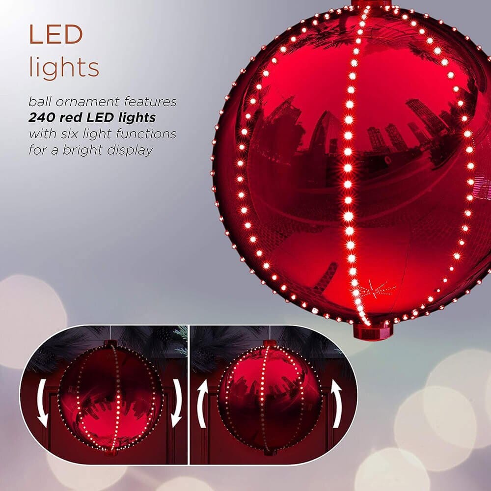 Alpine 13" Large Hanging Christmas Ball Ornament with 240 Warm White Chasing LED Lights & 6 Light Effects, Red