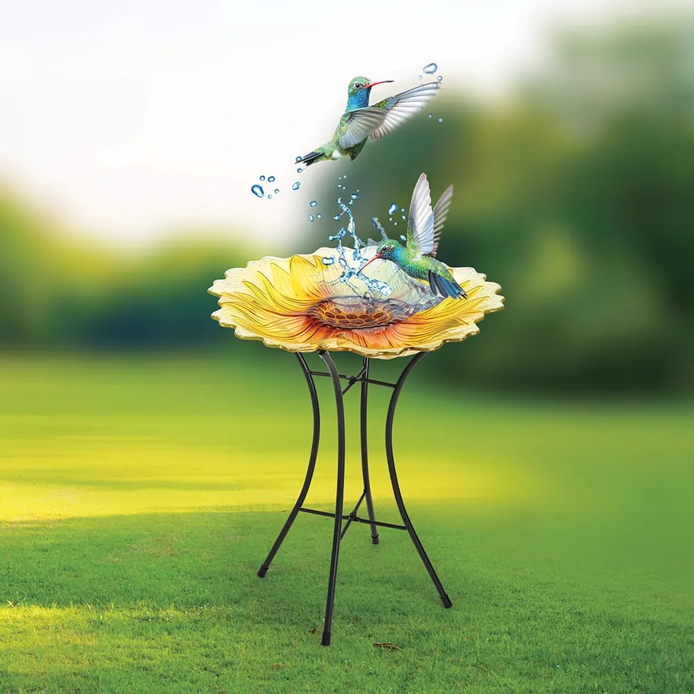 Glass Flower Bird Bath, Yellow, 16"