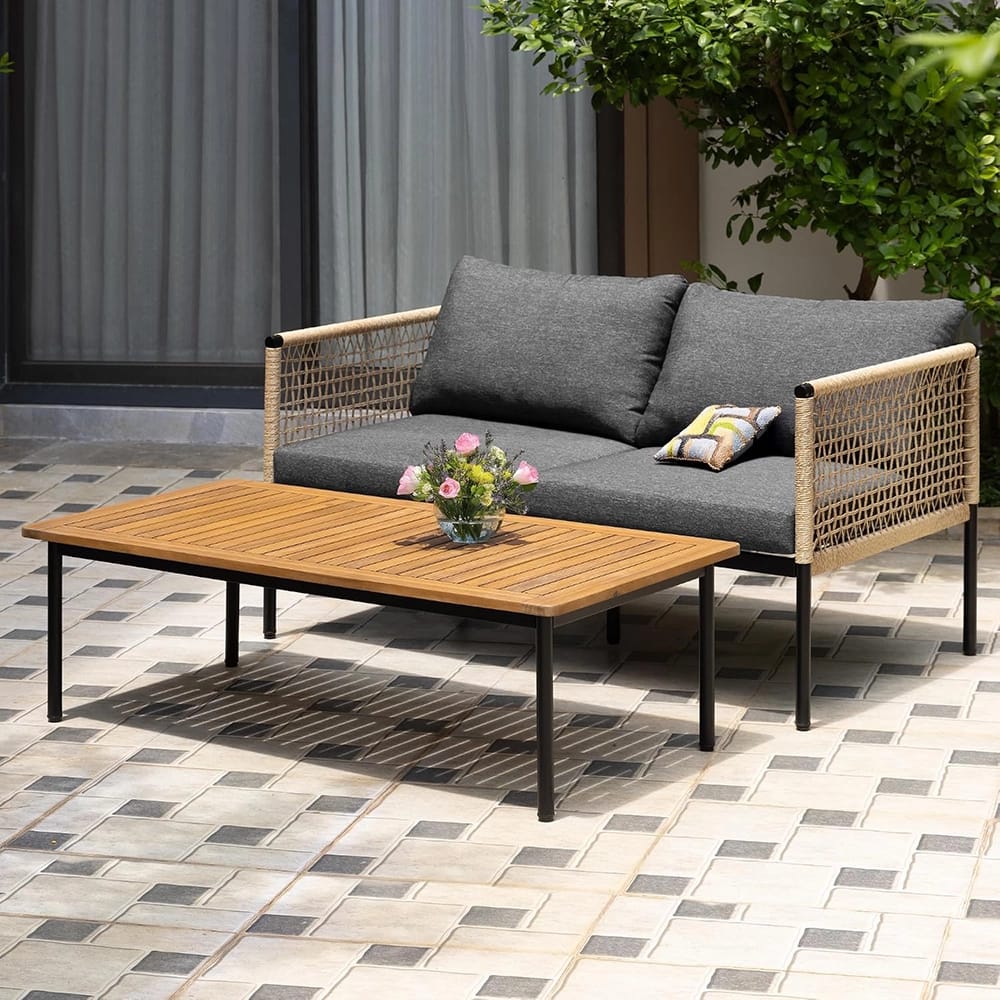 Idzo Oscar Wicker Metal Loveseat with Coffee Table, Black