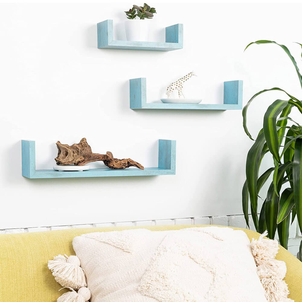 Greenco Floating "U" Wall-Mounted Shelves, Set of 3, Rustic Blue