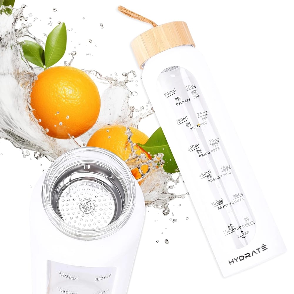 HYDRATE 32 oz Glass Water Bottle, White