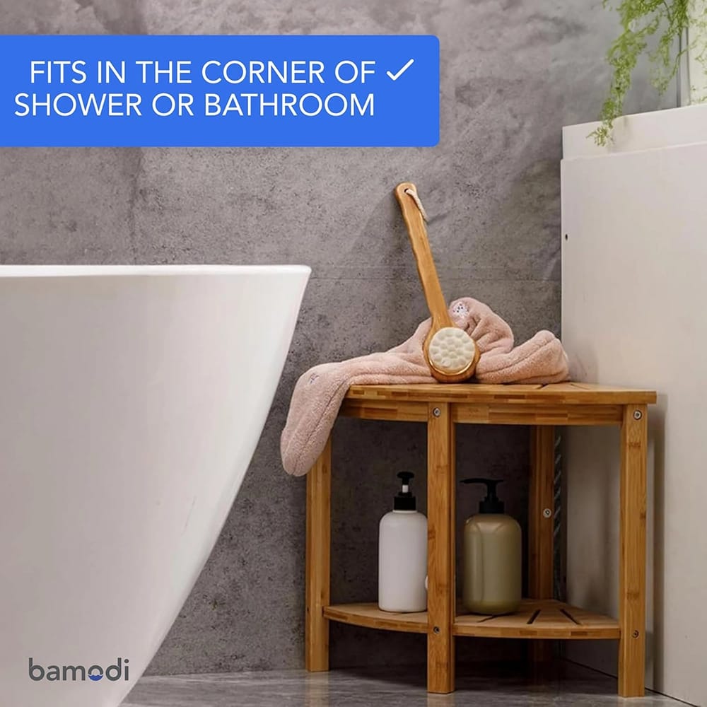 Bamodi Bamboo Corner Stool with Storage Shelf