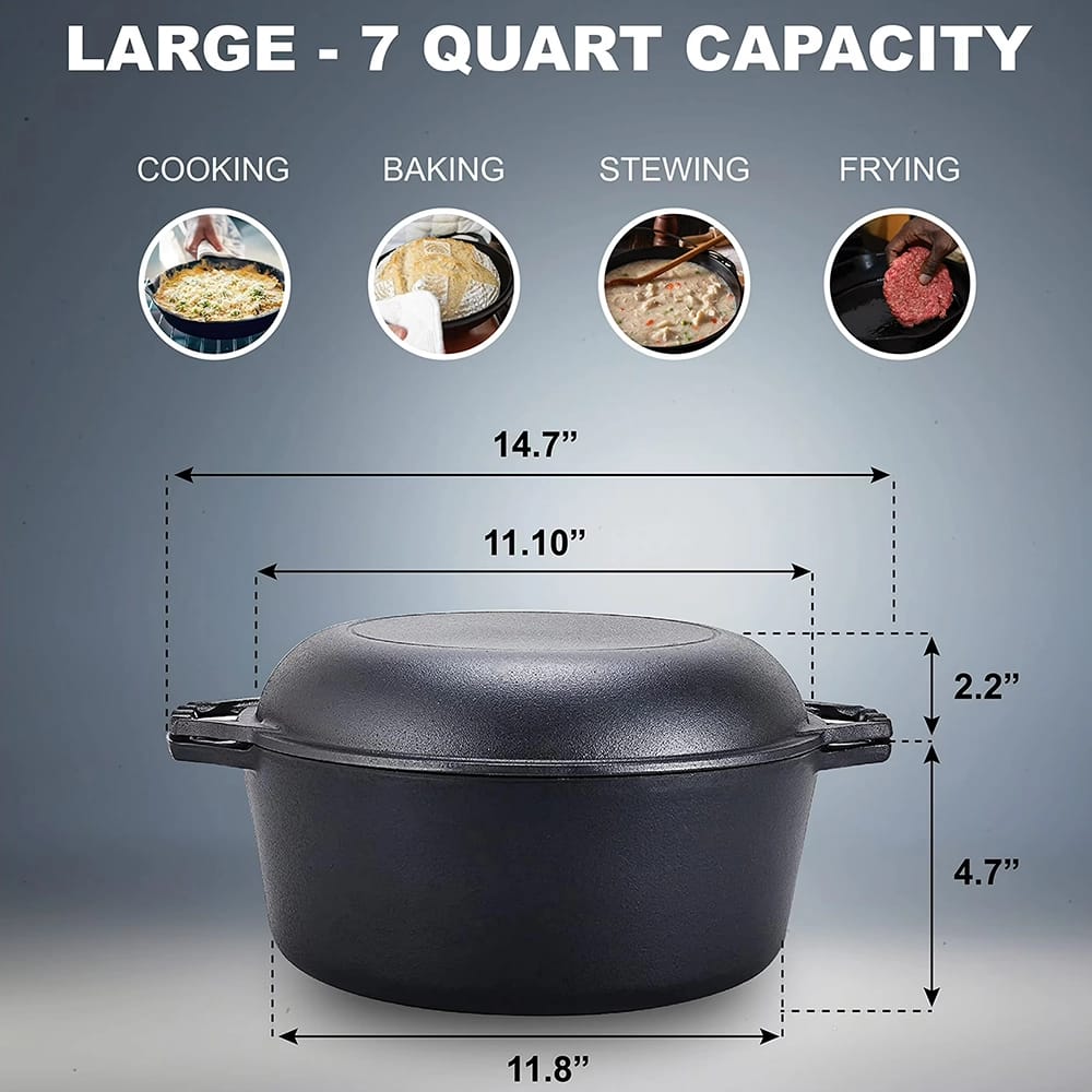 Bruntmor 7 Quart 2 In 1 Double Dutch Oven, Black