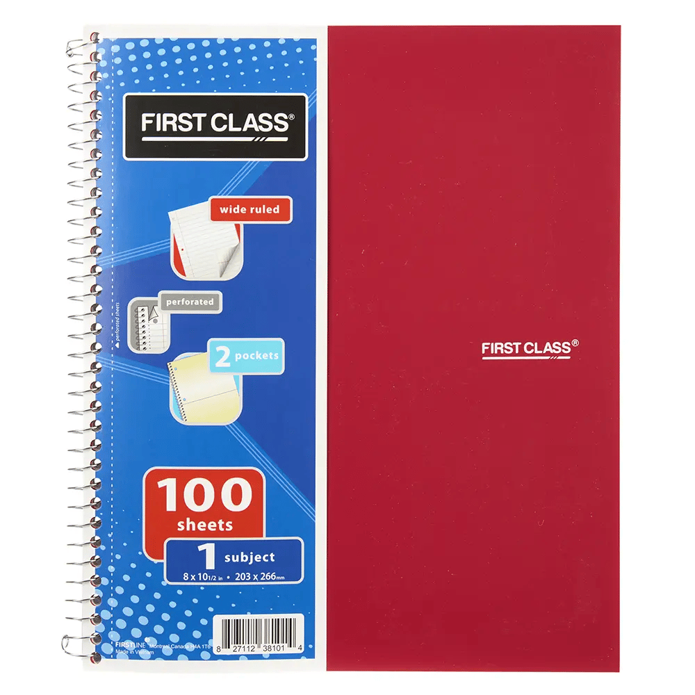 First Class 1 Subject Spiral Notebook, 100 Sheets, 8" x 10.5"