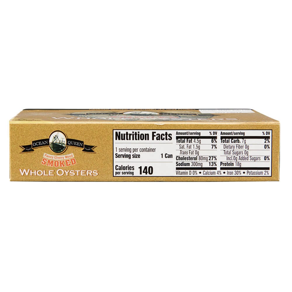 Ocean Queen Fancy Cherry Wood Smoked Whole Oysters in Cottonseed Oil, 3 oz