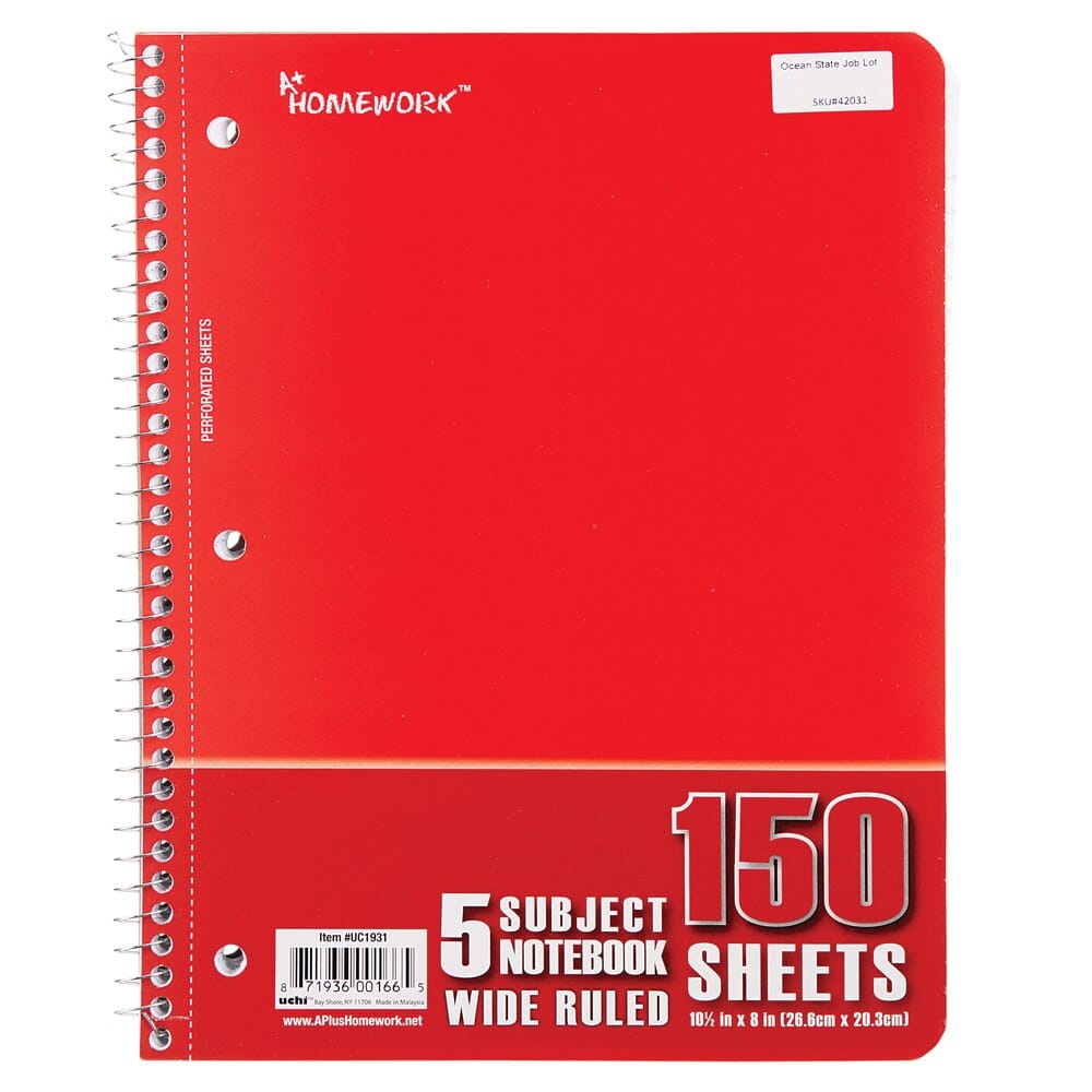 5 Subject Wide Ruled Spiral Notebook, 180 Sheets