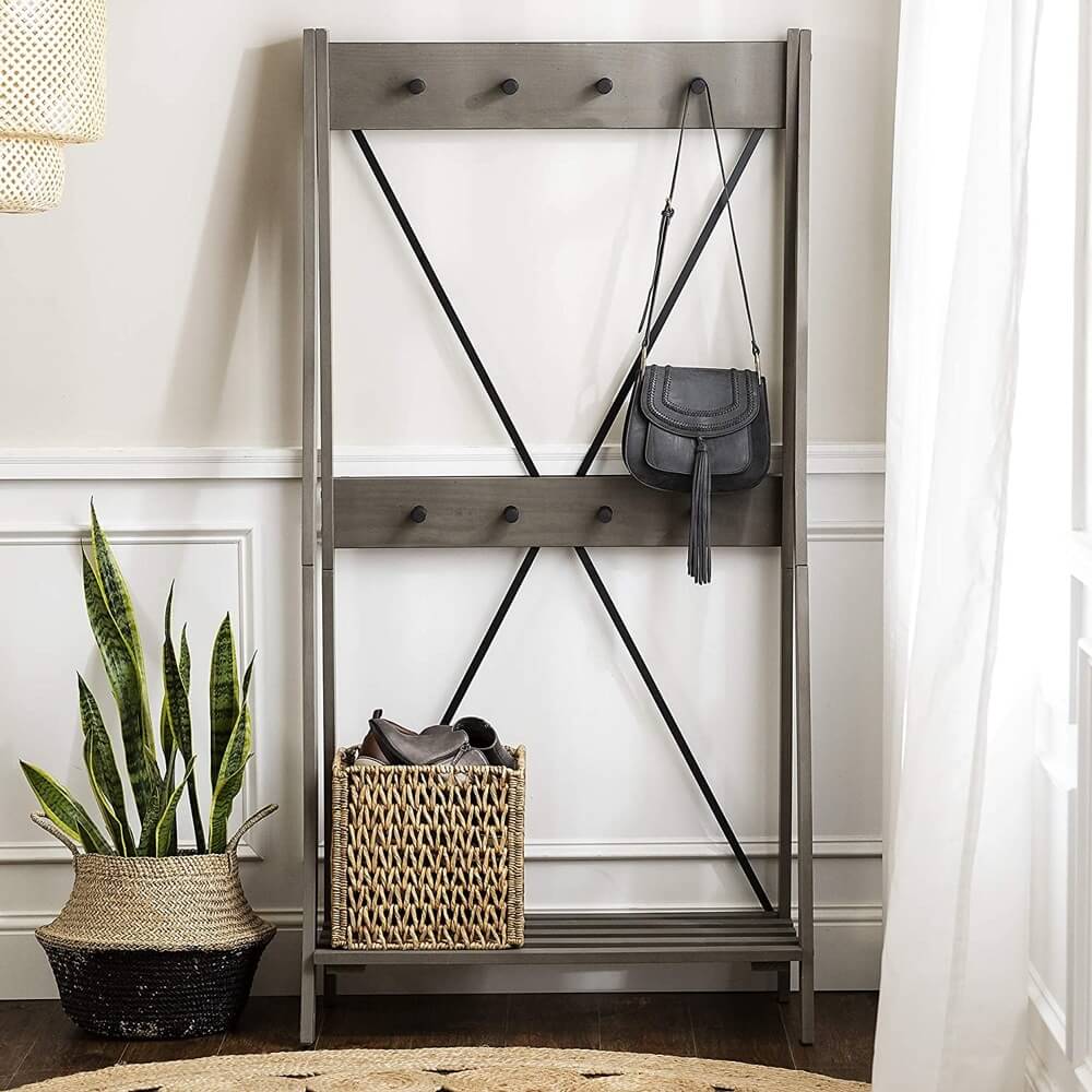 Walker Edison X-Back Farmhouse Entryway Hall Tree Bench and Shoe Storage Shelf, Gray