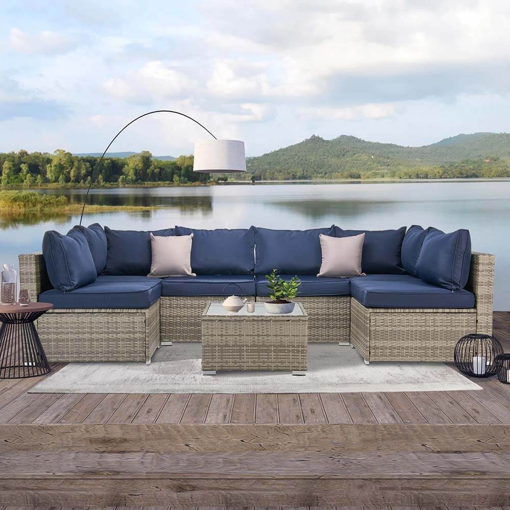 All-Weather 7-Piece Resin Wicker Patio Sectional, Navy/Gray