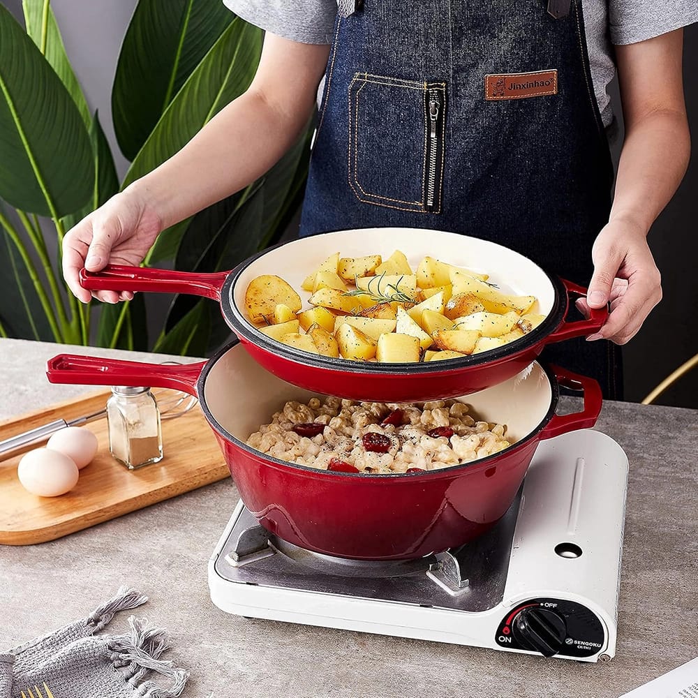Bruntmor 2 in 1 5-Quart Enameled Cast Iron Pot with Lid, Red