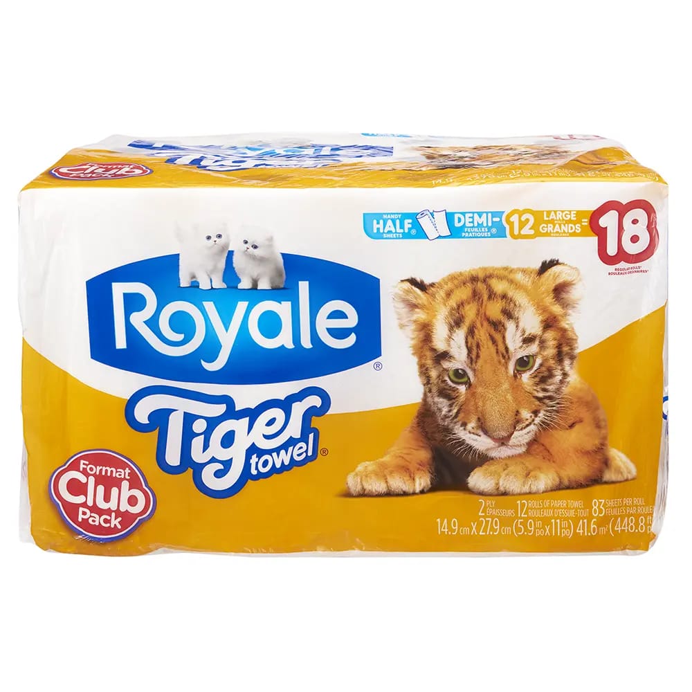 Royale Tiger Towel 2-Ply Large Paper Towel Rolls, 12 Pack