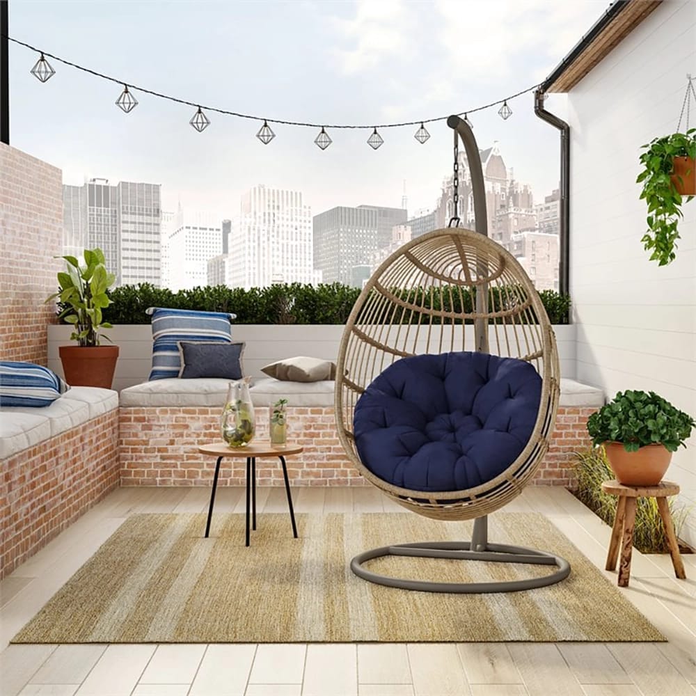 TK Classics Wicker Swing Chair, Beige/Navy