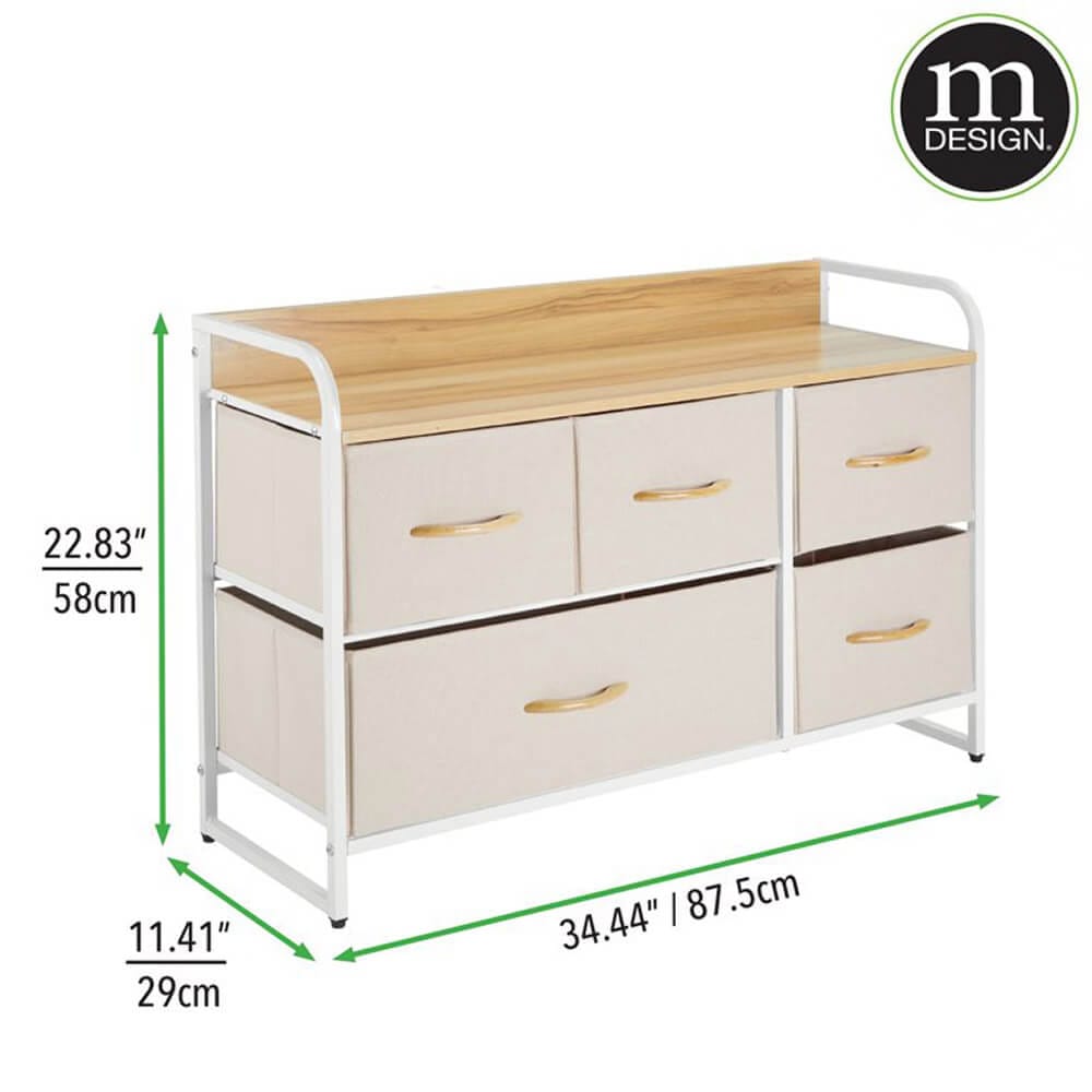mDesign Wide Dresser with 5 Removable Fabric Drawers & Wood Top, Cream/White
