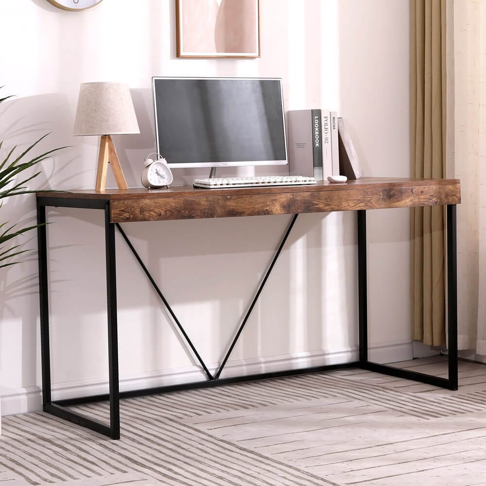 55" Modern Desk with Wooden Top, Rustic Brown/Black