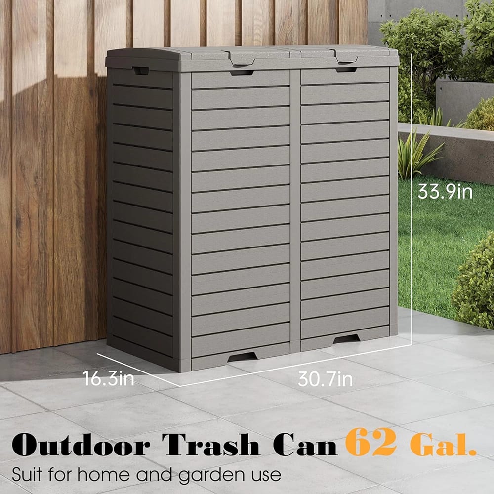 Waterproof Outdoor Trash Can with Lid, Gray, 62 Gallons