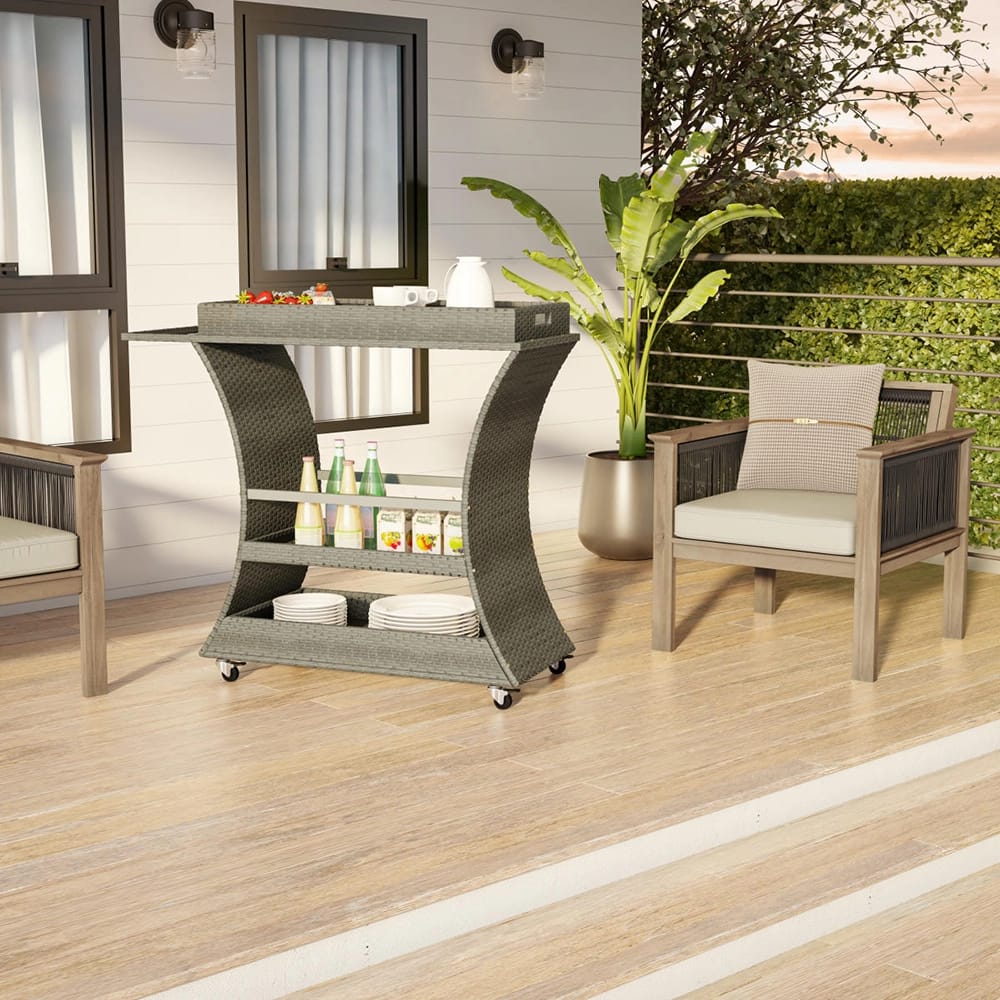 TK Classics Outdoor Wicker Bar Cart, Gray