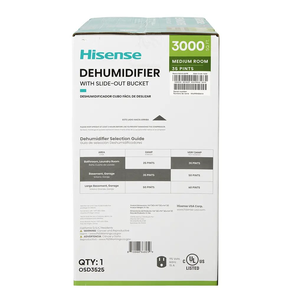 Hisense Energy Star 35 Pint 3-Speed Dehumidifier, White