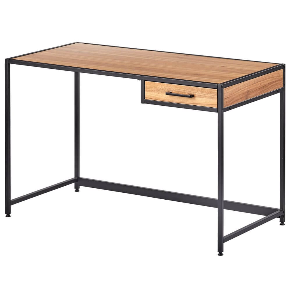 mDesign Metal & Wood Home Office Desk with Right-Hand Drawer, Black/Nordic Walnut