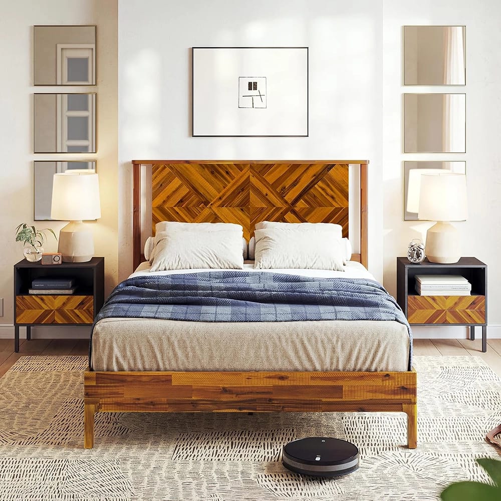 Bme Ethan Queen Solid Acacia Wood Bed Frame With Diamond Headboard, Rustic Caramel