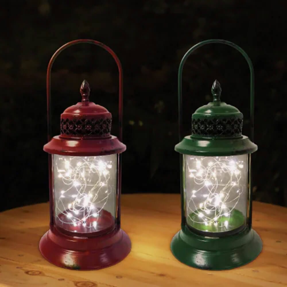 Alpine 15" Antique Lantern with Warm White LED String Lights, Set of 2, Red/Green