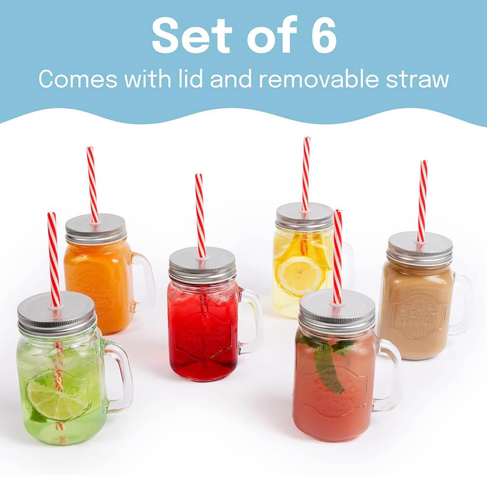 Estilo Glass Mason Jars with Handles, Lids, & Straws, 16 oz, Set of 6