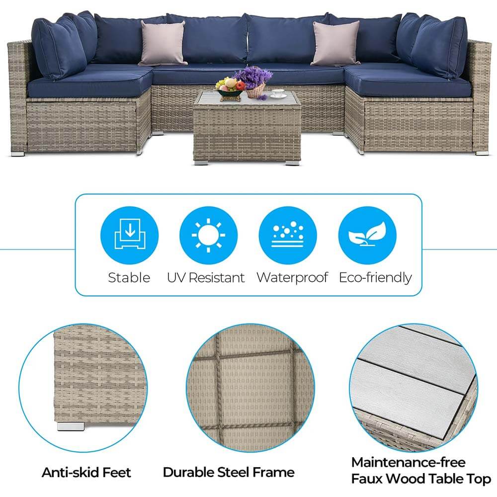 All-Weather 7-Piece Resin Wicker Patio Sectional, Navy/Gray