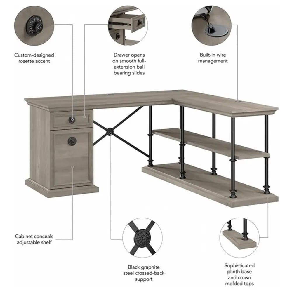 Bush Home Coliseum Designer L Shaped Desk with Storage, Driftwood Gray
