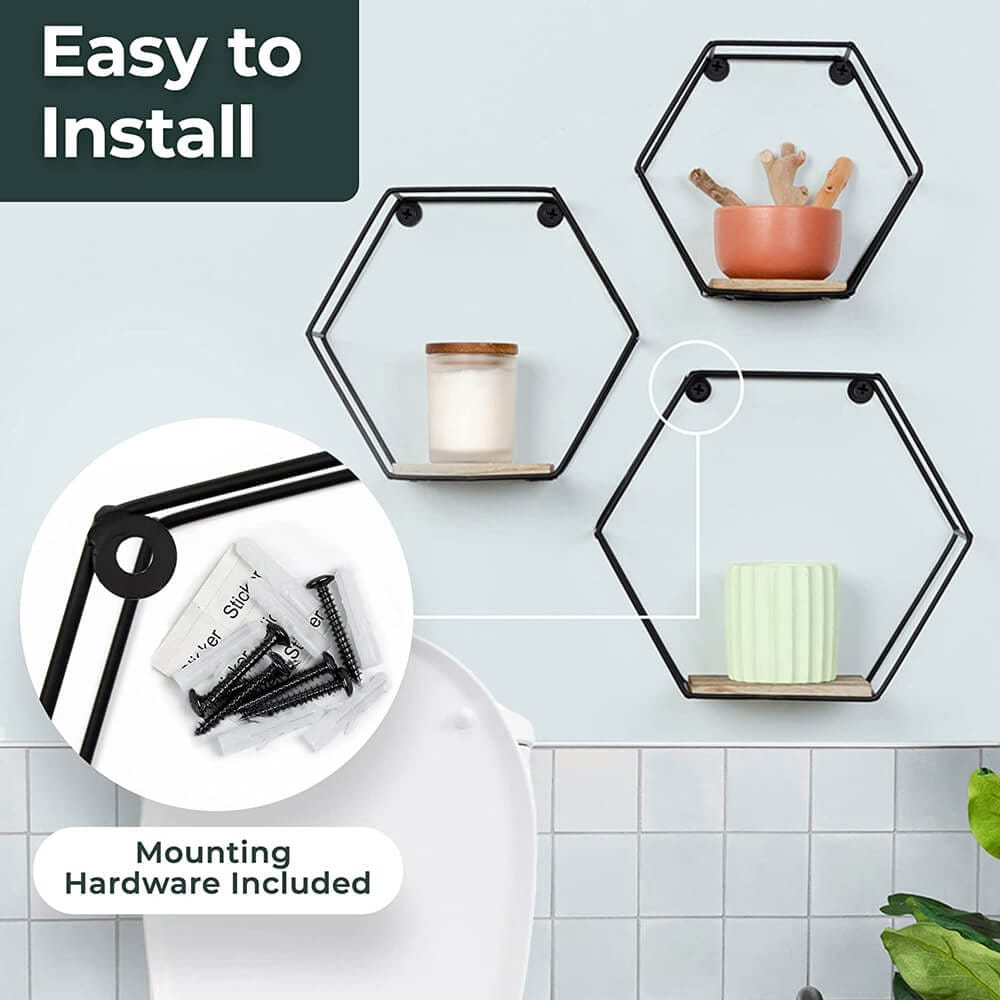 Greenco Geometric Hexagon Shaped Floating Shelves, Set of 3, Black