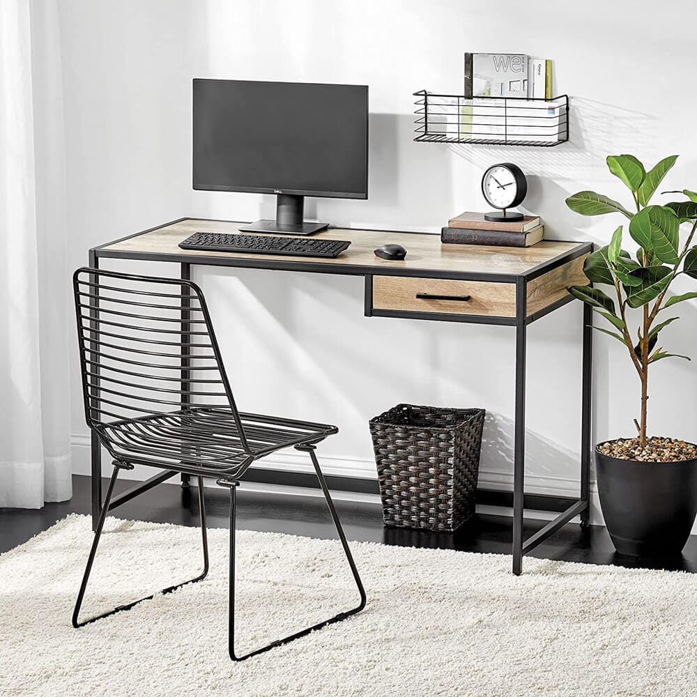 mDesign Metal & Wood Home Office Desk with Right-Hand Drawer, Black/Gray Wash