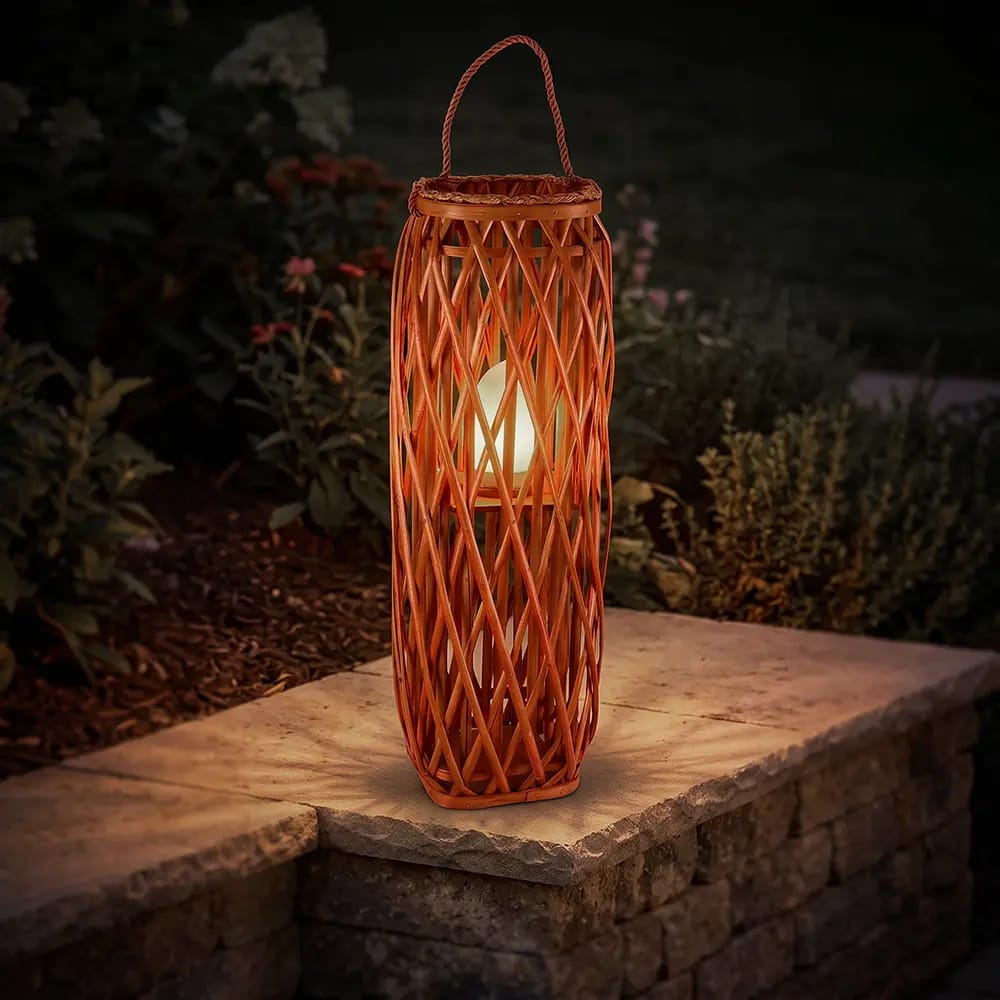 Barbara King Square Wicker Lantern With Remote, Burnt Orange, 28"