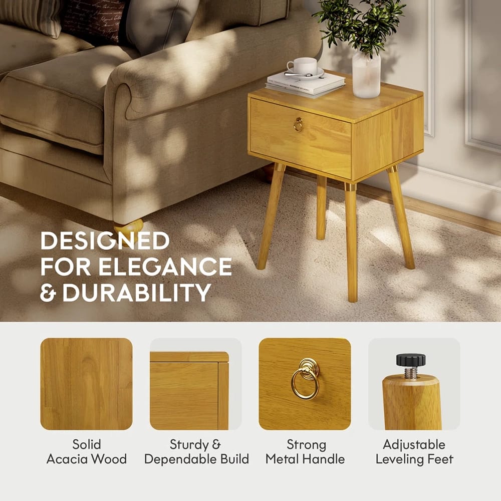 Bme Alden Solid Wood 1-Drawer Nightstand, Natural