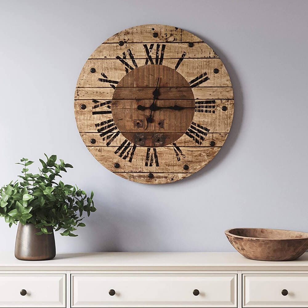 Jofran Furniture Wayland Jackson 24" Solid Oak Teak Wall Clock, Rustic Brown